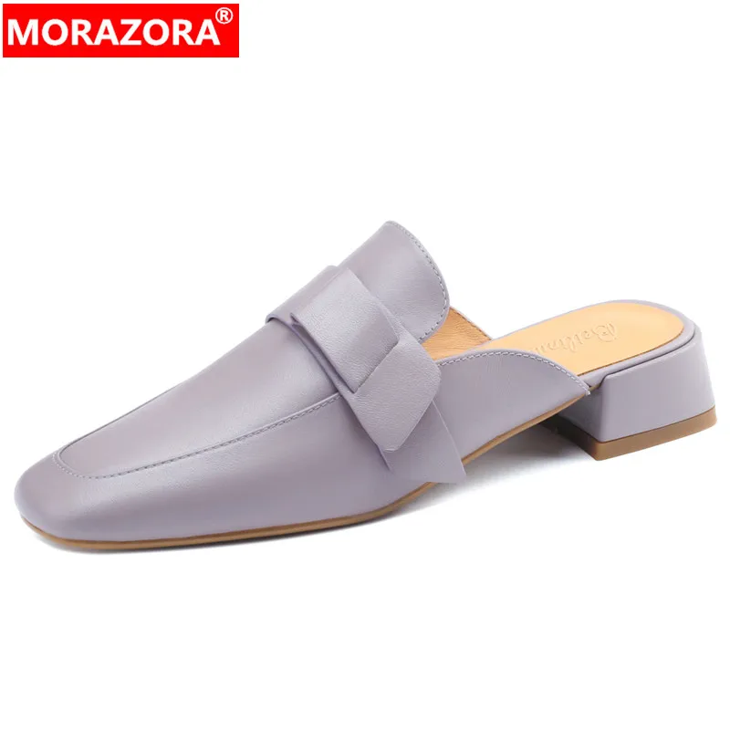 

MORAZORA 2023 New Solid Ladies Mules Summer Shoes Genuine Leather Slippers Woman Top Sale Square Med Heels Slippers