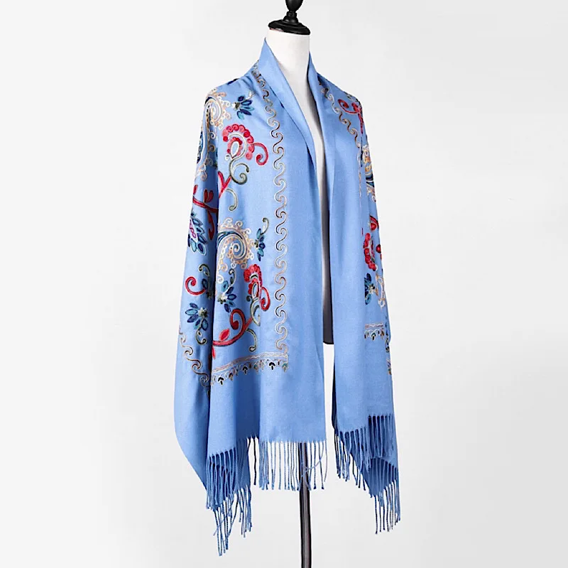 

Poncho Cloak Embroidered Flower Scarf Imitation Cashmere Shawl Ethnic Style Tourism Cloak Warm and Wind Flowing Su Girl Blue