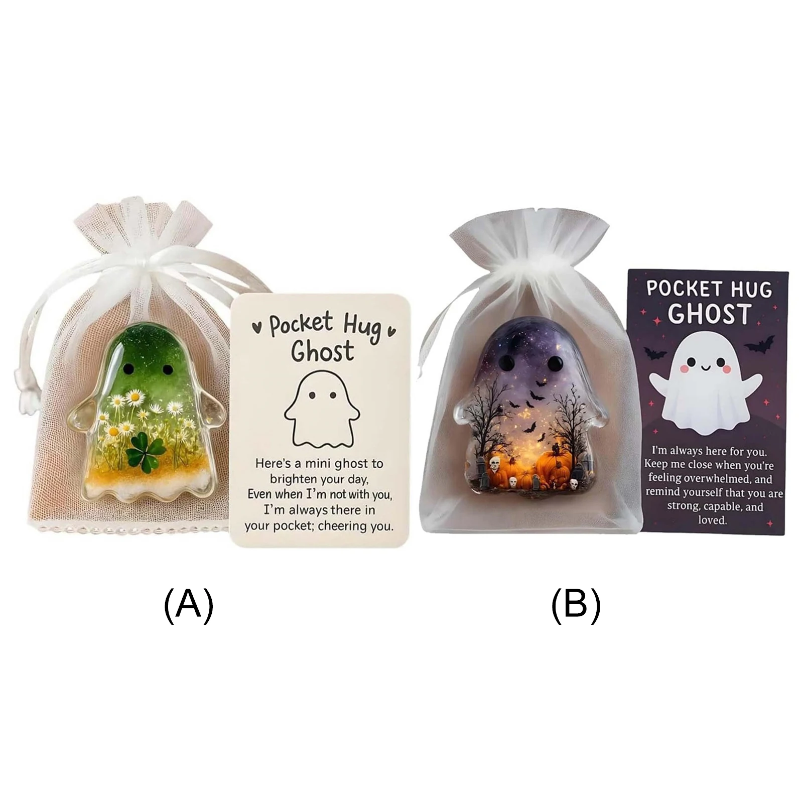 Pockets Hug Ghost Keepsake with Positive Cards Figure Sculpture Mini Charm for Halloween Christmas Loved Ones Friends