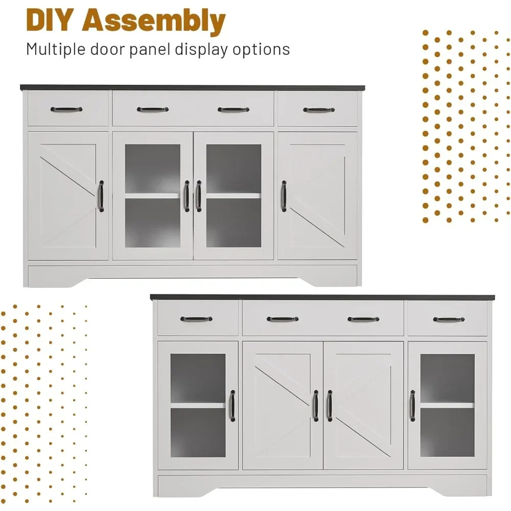 Sideboard Buffet Cabinet with Storage, 55" Kitchen Coffee Bar Cabinet with 3 Drawers & Glass Doors, Farmhouse Sideboard Buffet - Image 4