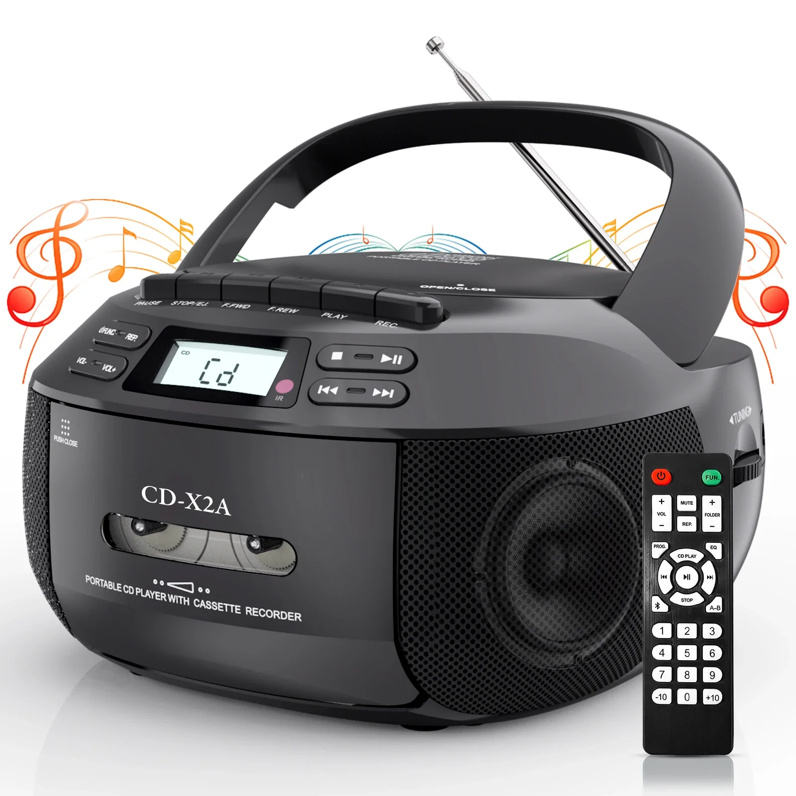 CD player boomox cassette player combo with Bluetooth AM FM radio plays AUX USB MP3 with remote control AC DC powered