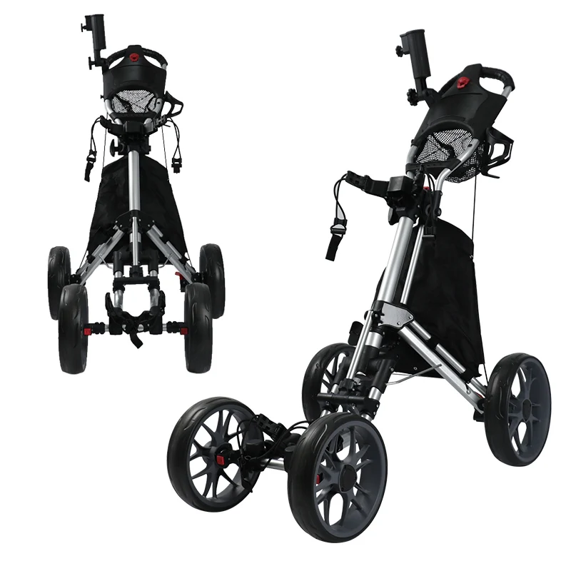 

Foldable Aluminum-frame Golf Push Cart Non-slip Handle Multi-function 4 Wheels Golf Trolley With Foot Brake And Umbrella Holder