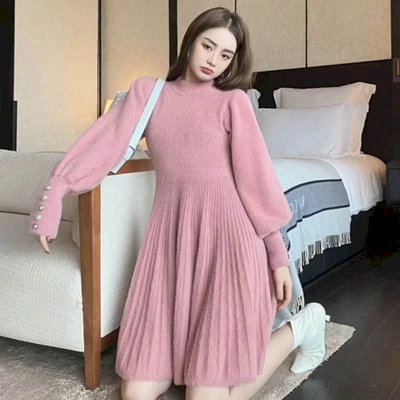 

Knitted Dresses Solid Vintage Casual Long Sleeve High Waisted Korean Style Stand Collar Knee-length Dress for Women Clothing