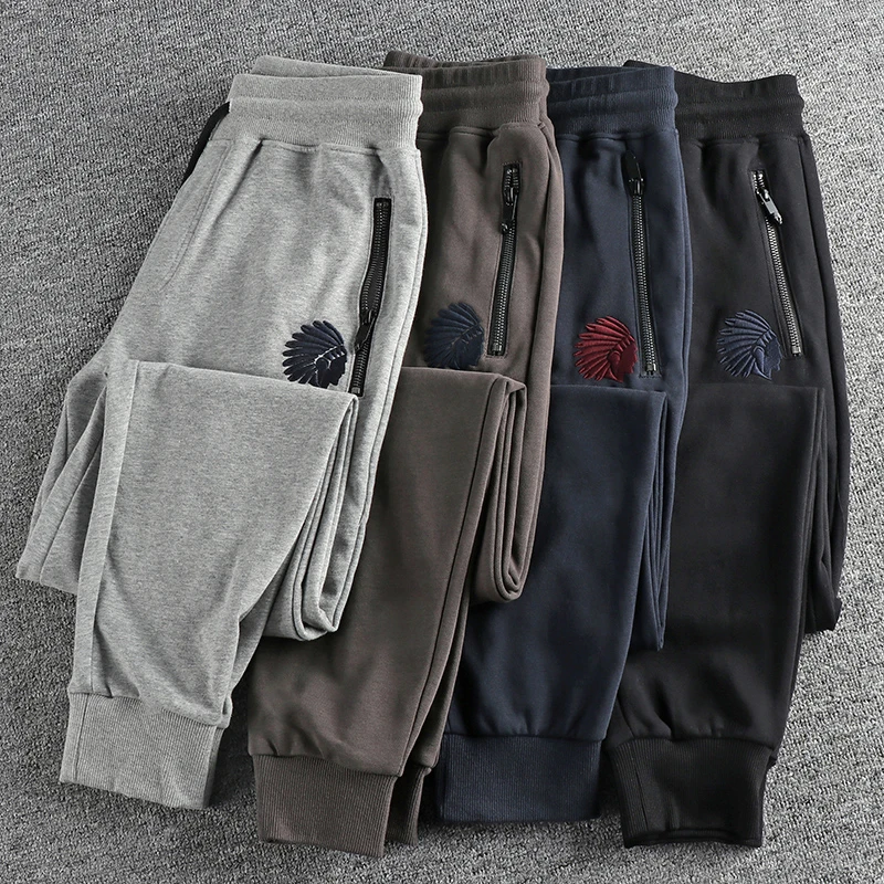 Autumn American Retro Terry Knitted Embroidery Men Sweatpants Simple Elastic Waist Drawstring Sport Casual Youth Slim Pants