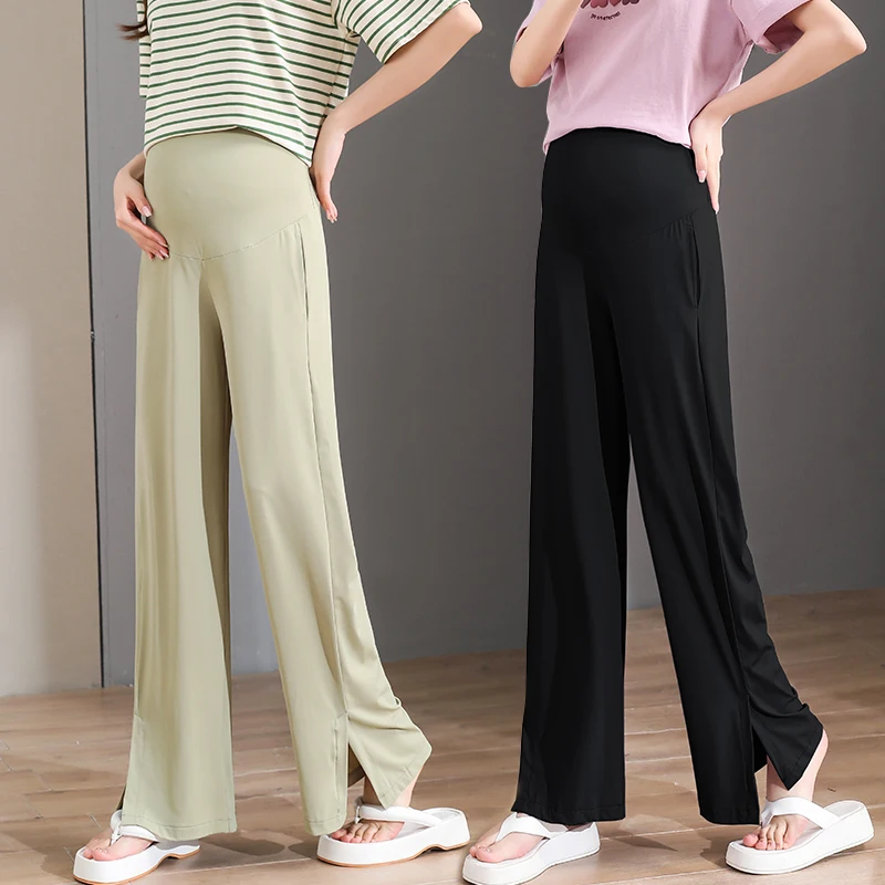 Summer Pregnant Woman Trousers Thin Solid Color High Waist Side Split  Rashguard Clothes Solid Color Maternity Straight Pants - AliExpress