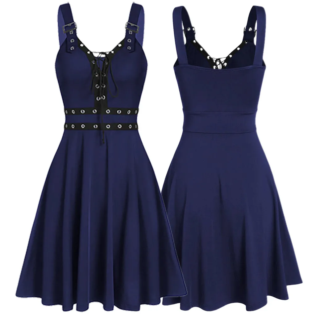 

Dresses for Women Lace Up Surplice Collar Solid Color O Ring Shoulder Crisscross Back Summer Tank Dress Vestidos Para Mujer