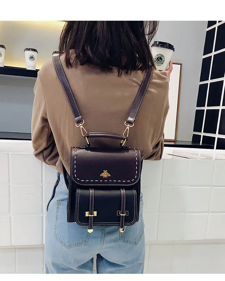 Women Backpack Luxury Bee Vintage Leather Preppy Female Backpack Handbag School College Backpack Travel Bag Shopping Bag mochila stylish backpacks for kid