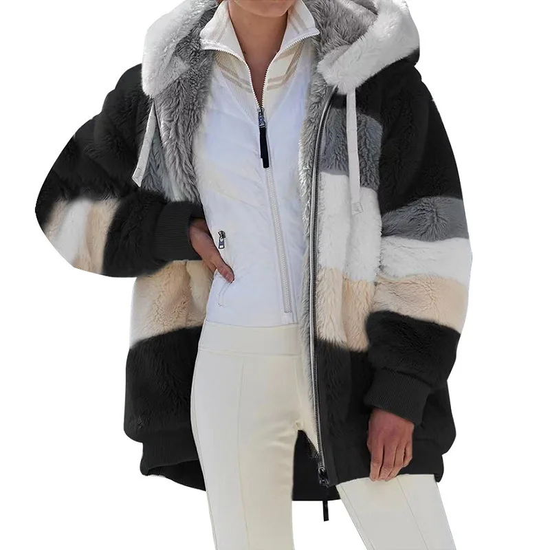 Women's Clothing Wear New Autumn Winter Loose Striped Plush Multi Color Hooded Coat Casual Loose Fashion Zipper Warm Tops