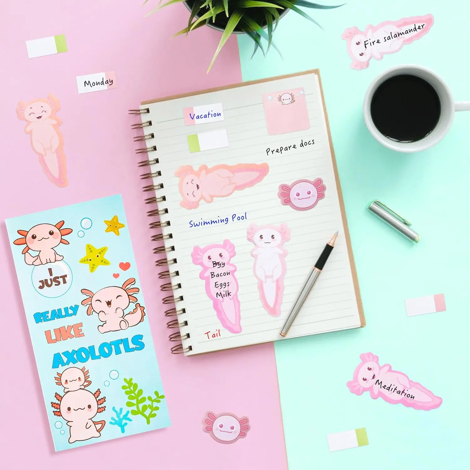 Set di Foglietti Adesivi a Tema Axolotl - Blocco Note con Pesci Mexican Walking Fish, Divisori e Segnapagina per Scuola, Ufficio, Regalo - immagine 4