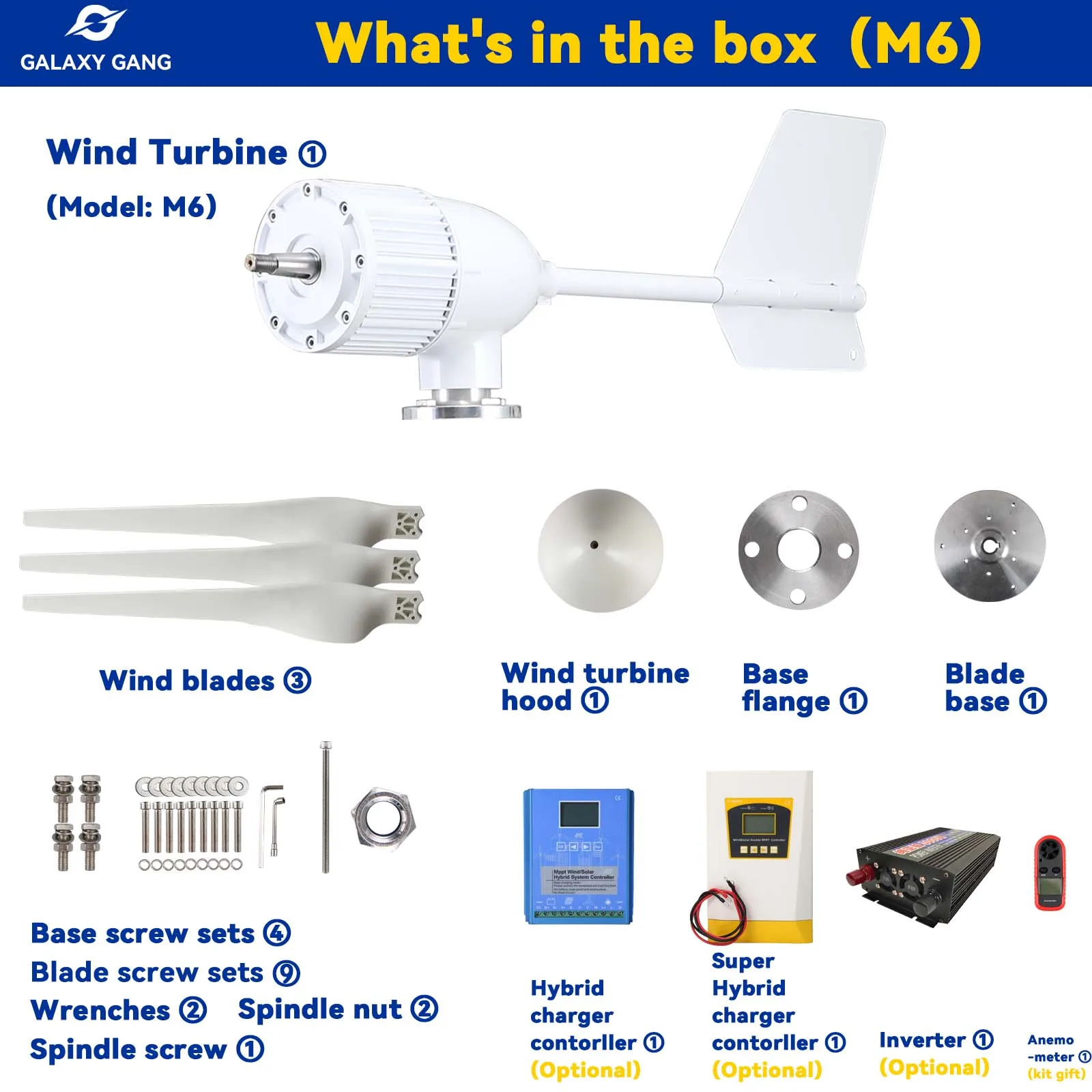 Galaxy Gang 6000w Windmill Turbine Generator Kit 6kw Power 3Blade 24V 48V With MPPT Controller Off Grid Inverter System ModelM6