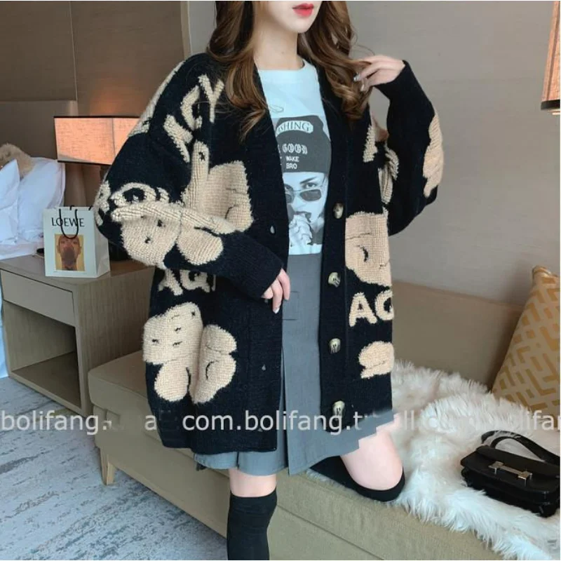 

2023 Fashion Women Winter Fleece-Lined Thickened Mid-Length Large Size Sweater Outer Wear Knitted Cardigan Jacquard Coat