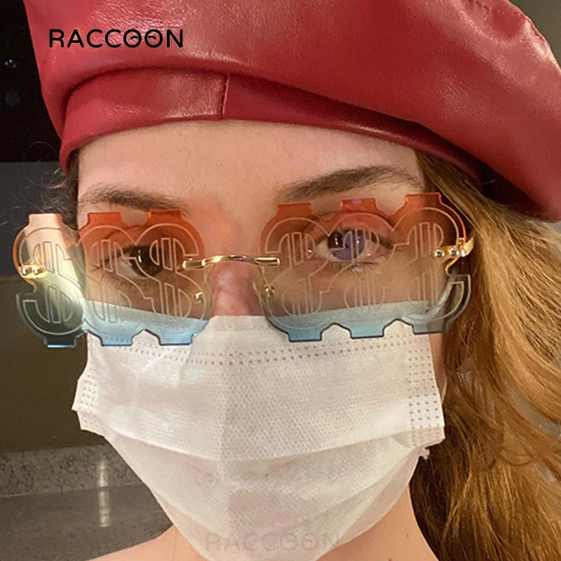 Us Dollar Shape Metal Rimless Sunglasses Women Personality Party