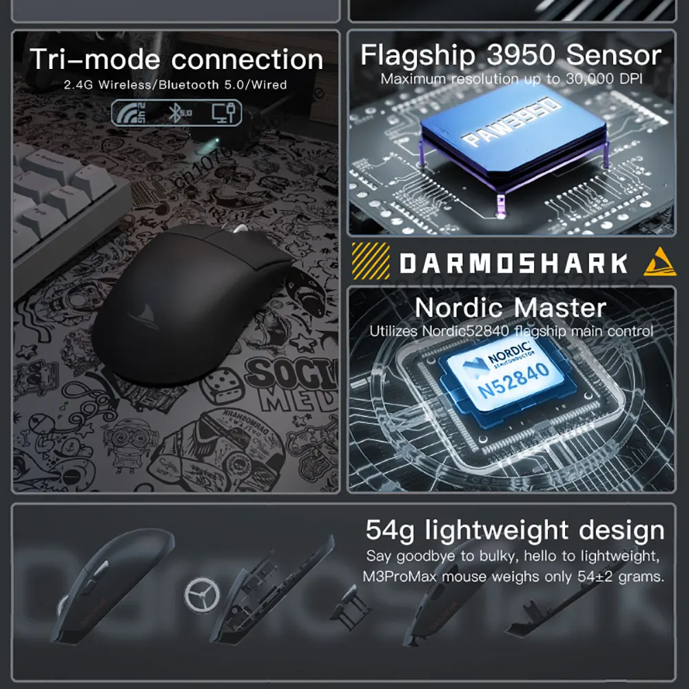 Darmoshark Gaming Mouse M3PRO MAX Wireless 8K Bluetooth Tri-Mode Mouse PAM3950 30K DPI Nordic 52840 Computer Game Macro mice