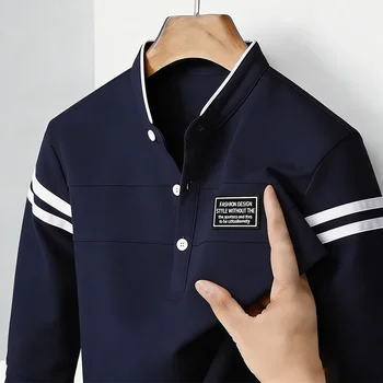 Polo da Uomo Casual Slim Fit a Maniche Lunghe con Colletto Rialzato e Strisce a Contrasto in Misto Cotone per Uso Quotidiano e Business