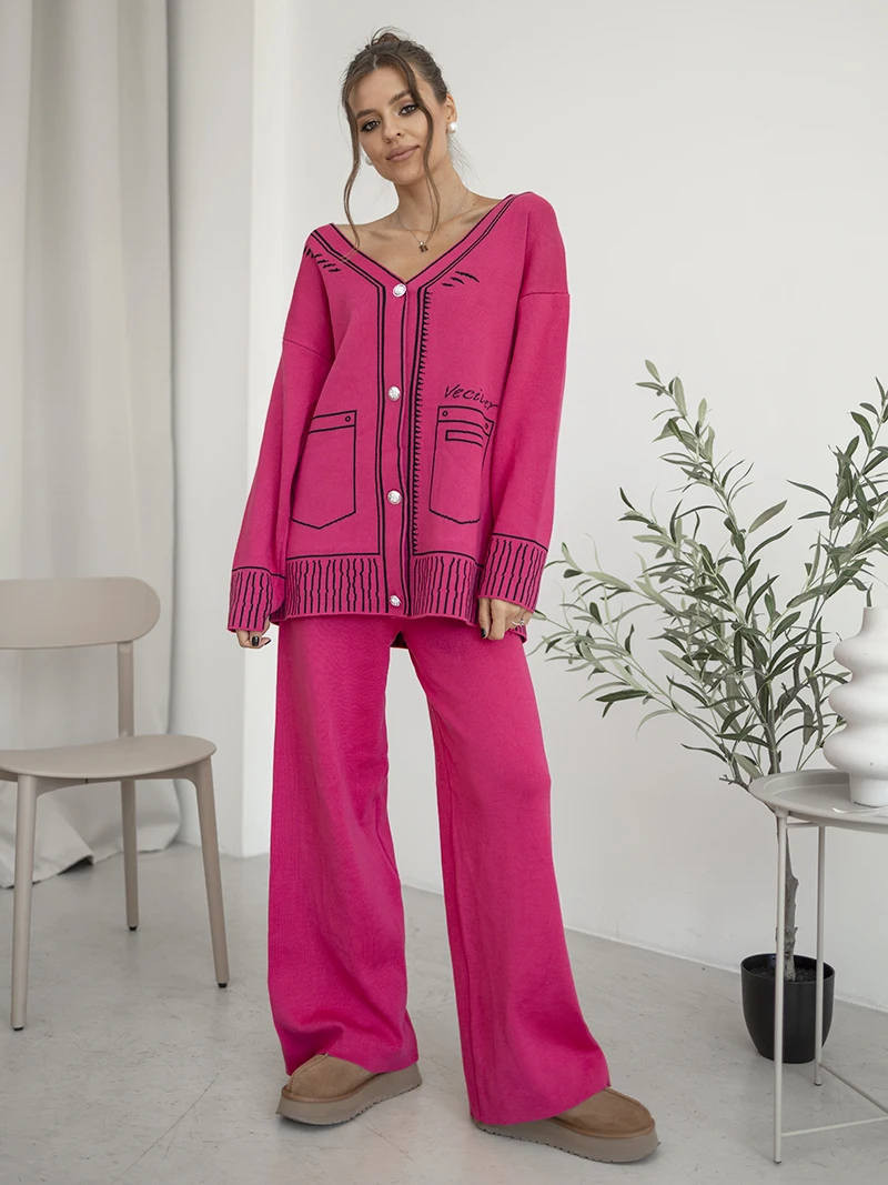 Casual Knit Two Piece Set Handpainted Loungewear Cardigan Pants Knitted Two Piece Women Sets 2 Piece Winter Knit Suit For Women
