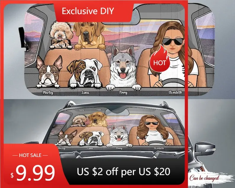 Car Windshield Sun Shade, Driving Person With Dogs, Car Accessories, Windshield Sunshade, Dog Lover, Dog Mom Gifts, Car Windshie