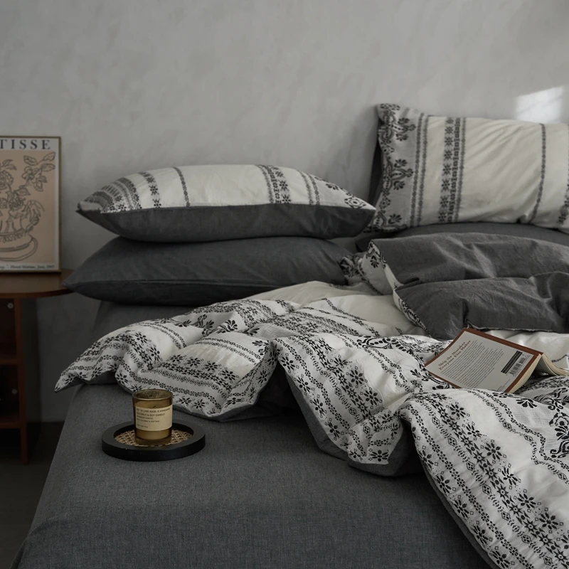 Waliicorners 4Pcs Bedding Set Nordic Double Quilt Cover Set Bed Linen Fitted Sheet Pillow New Bohemian Jacquard Washed Cotton 25 Sf8cd79bfbbb341dca95a9fe59ff5e3d4c