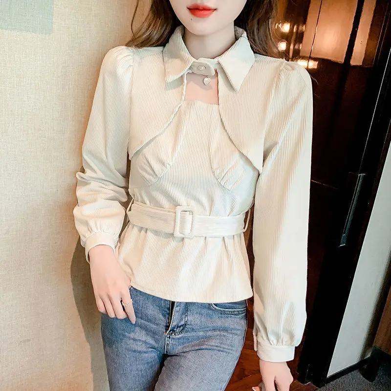 spring autumn new Solid color fashion Long Sleeve Fake two pieces blouse women Round neck Hollow Out Button corduroy Pullovers