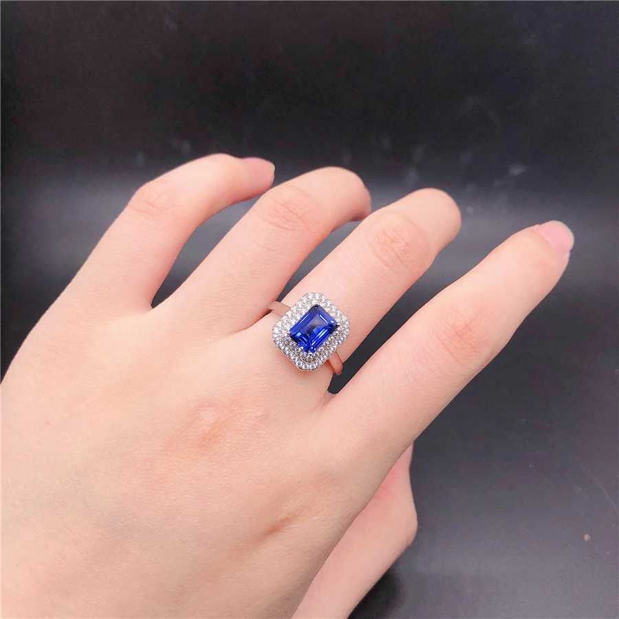 Genuine 18K White Gold Rings Female 2CT Rectangle Sapphire Diamond Wedding Rings For Women Beautiful Birthday Jewelry 3