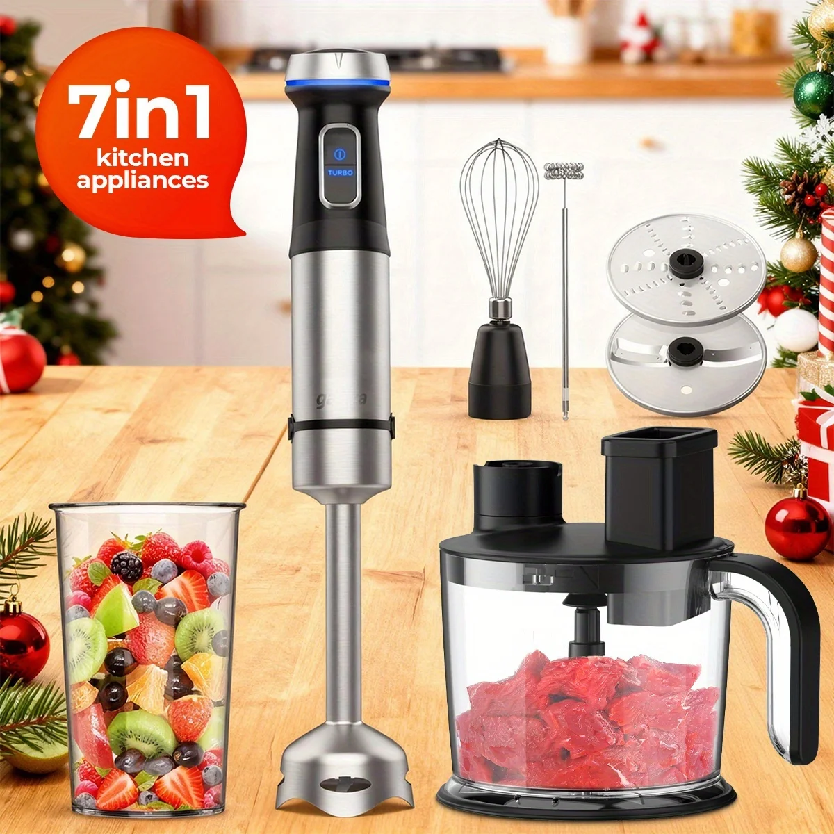 usGaniza Handheld Immersion Blender, 7-in-1 Hand Blender, 15 Variable Speed And Turbo Modes Emulsifying Blender Stainless Steel Stick Blender With 50.72oz Food Processor And 6 Other Pieces, Meat Chopper, Christmas Giftsd 2