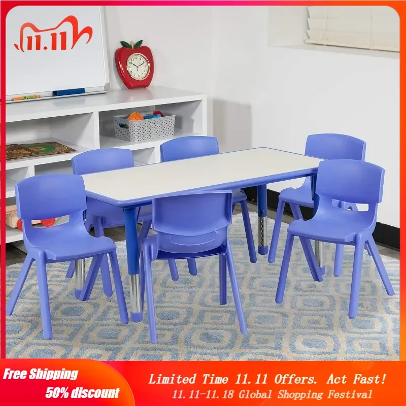 Emmy Adjustable Classroom Activity Table with 6 Stackable Chairs, Rectangular Plastic Activity Table for Kids,