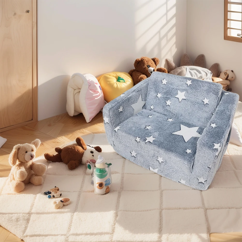 Toddler Kids Couch 2-in-1 Toddler Soft Couch Fold Out Toddler Chair Glow in Dark Convertible Plush Foam Chair for Girls and Boys 3
