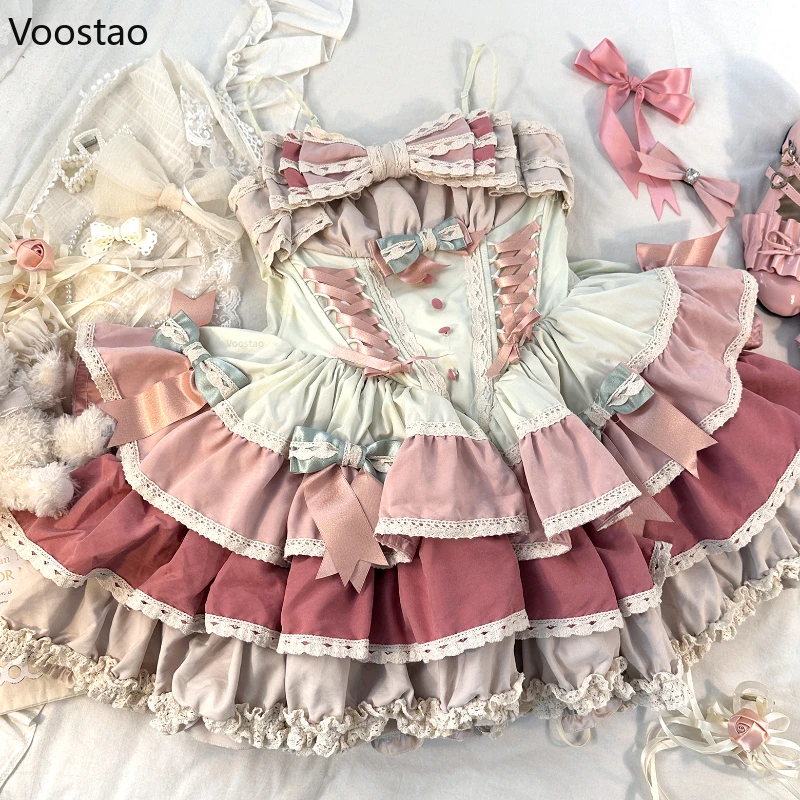 Sweet Lolita Jsk Mini Dress Women Kawaii Ruffles Bow Bandage Suspender Princess Dresses Vintage Y2k Elegant Fairy Party Dress