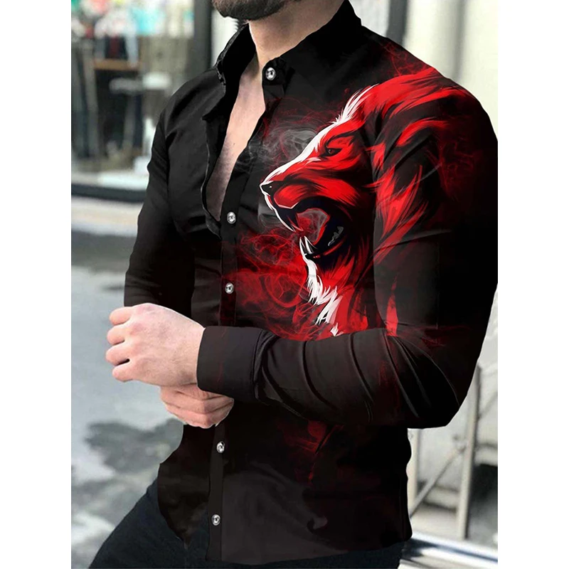 Luxury Social Men Shirts Turn-down Collar Buttoned Shirt Casual Tiger Print Long Sleeve Tops Men's Clothing Prom Party Cardigan short sleeve button down