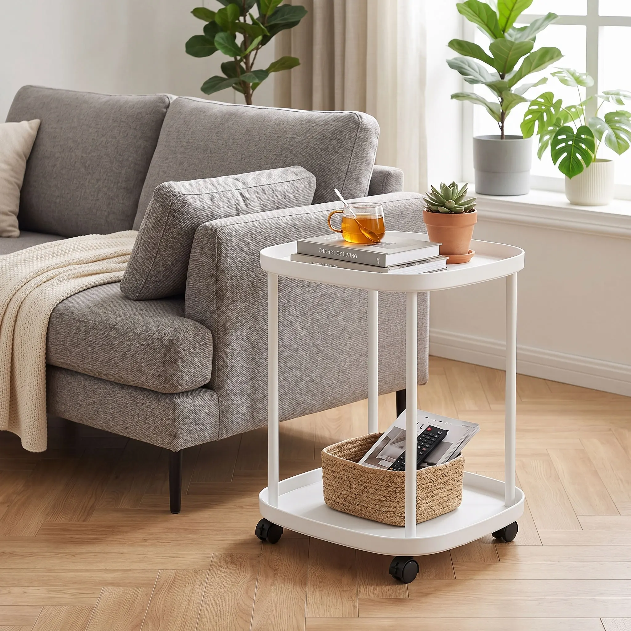 2-Tier Rolling Bedside & Sofa Side Table with Iron Frame, Detachable & Multi-Purpose Utility Cart for Living Room and Office