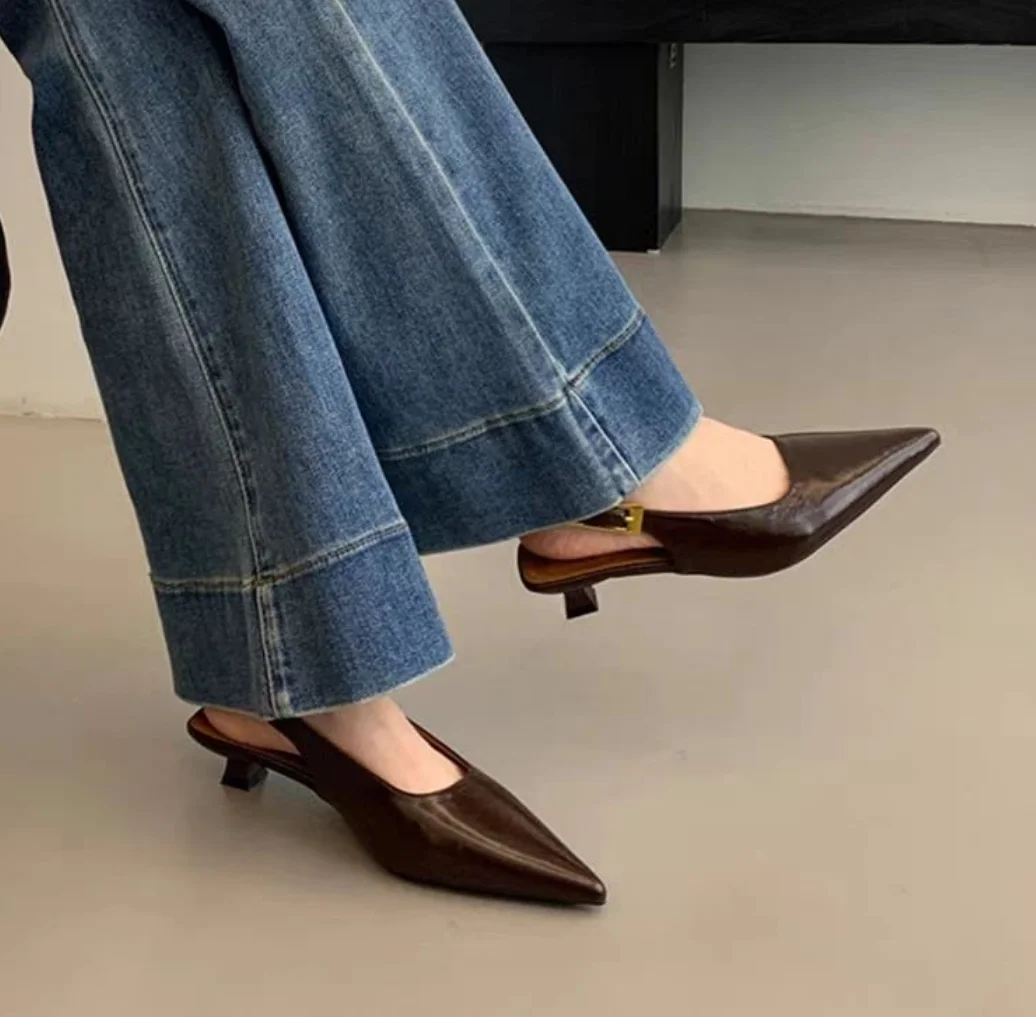 2025 Summer New Women Sandal Fashion Pointed Toe Shallow Slip On Ladies Elegant Slingback Shoes Thin Med Heel Dress_vogvips.com