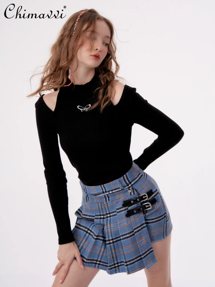 2023 Autumn and Winter Blue Plaid Irregular High Waist Pleated Woolen Plaid Skirt Commuter Fashion Sweet Slimming A- Line Skirt