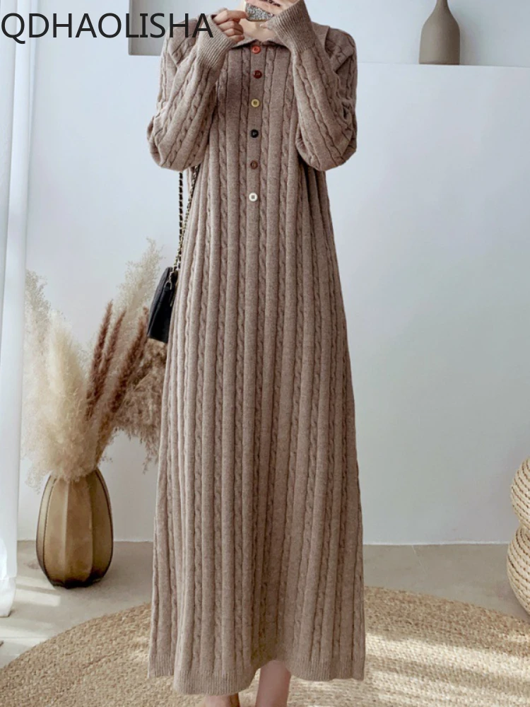 

Женское вязаное платье-свитер, Элегантный Модный пуловер в Корейском стиле на пуговицах для осени и зимы