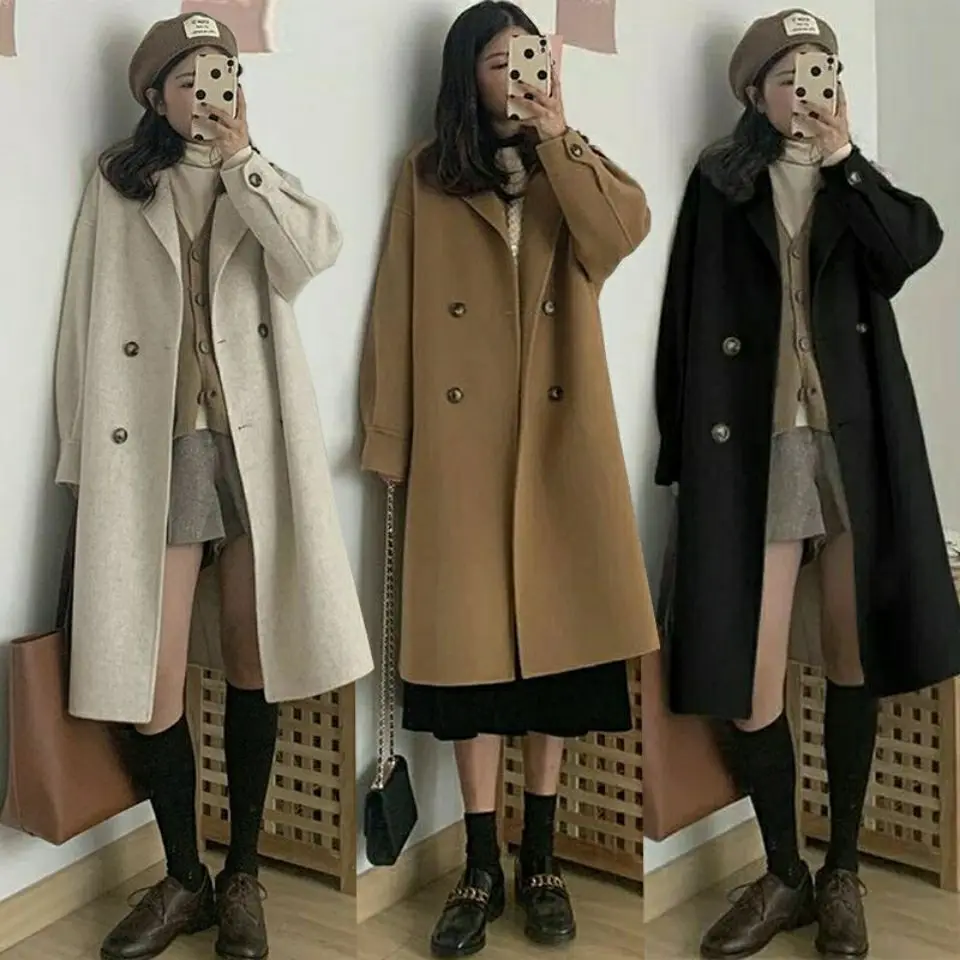 

Women Blends Long Sleeve Turn Down Collar Lamb Wool Outerwear Double Breasted Cardigan Jackets High Street Pockets Thicken