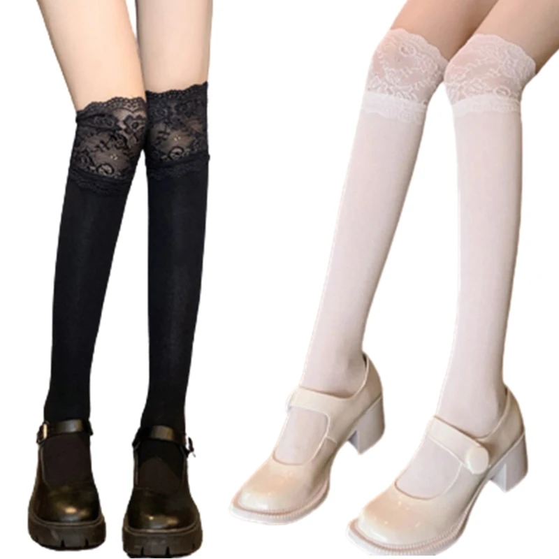

Women Thigh High Stockings with Sheer Floral Lace Top Patchwork Over Knee Long Socks Harajuku Solid Warm Dropshipping