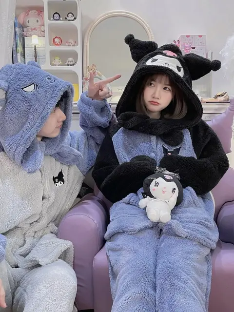 Sanrio Kuromi Cartoon Anime Girl Heart Coral Velvet Pajamas Female Winter Senior Thickened Hooded Home Couple Suit
