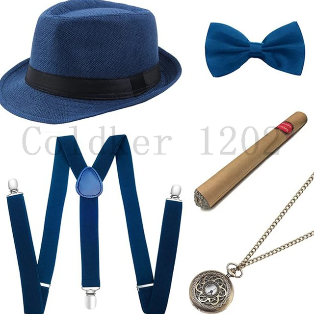 Free Ship Halloween 1920s Mens Gatsby Gangster Accessories Set Panama Hat Suspender Bow Tie 20s Great Gatsby Cosplay Accessories