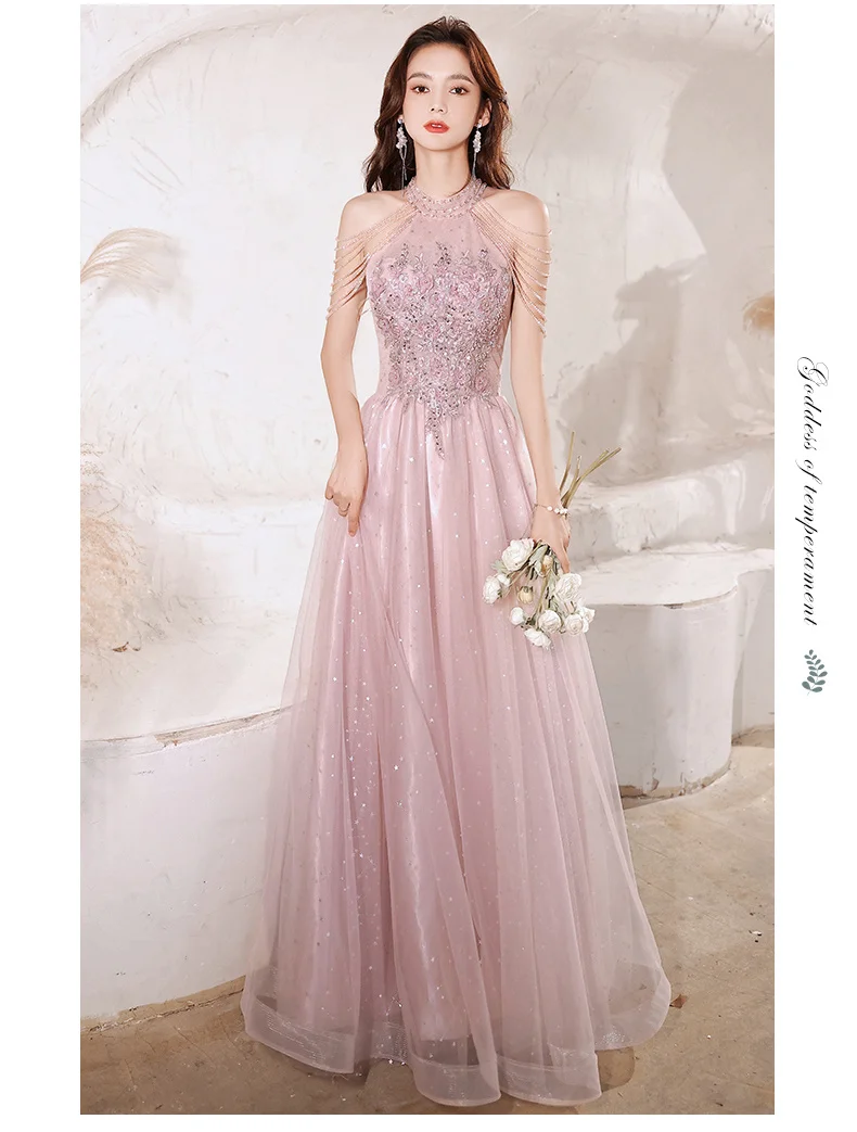 short formal dresses Halter Pink Prom Dresses With Beads Luxury Appliques A-Line Floor-Length Sequined Tulle Long Women Evening Dresses For Wedding hot pink prom dress