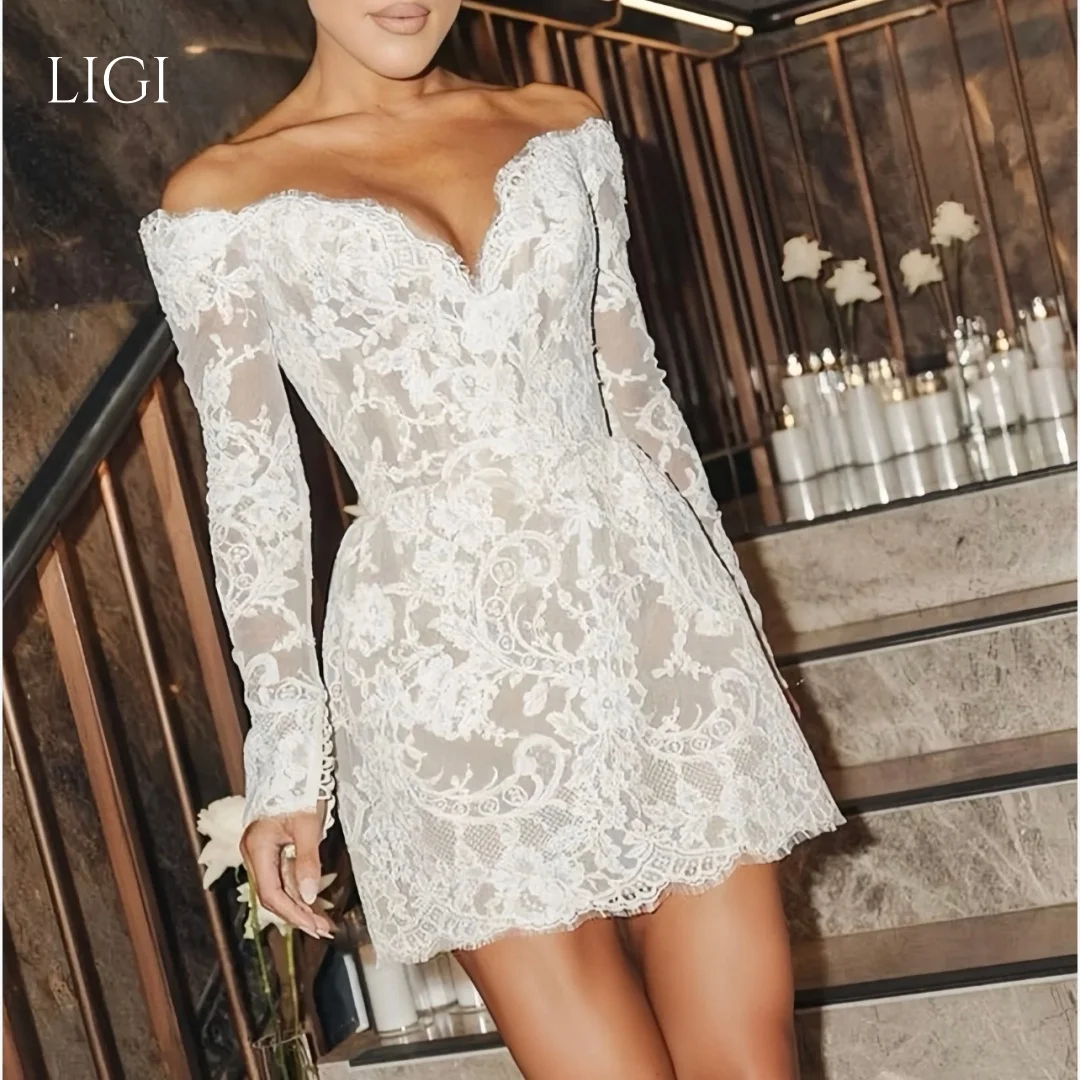 Abito da sposa corto LIGI elegante con scollo a V e spalle scoperte in pizzo, a maniche lunghe, aderente, mini abito da sposa per ricevimento e festa, personalizzabile - immagine 3