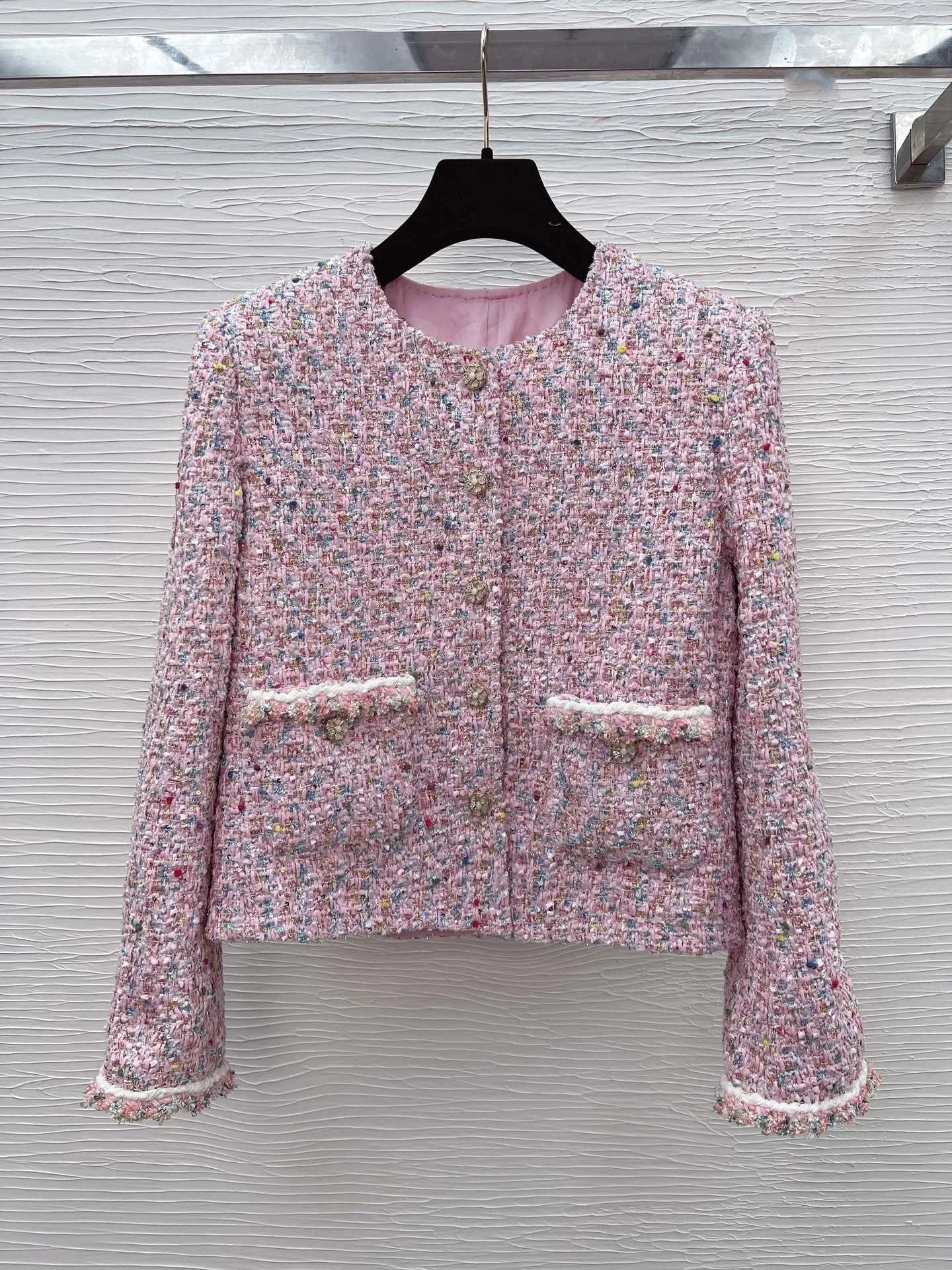 

2024 Spring Summer New girl Pink Clover Button Round Neck Coarse Woolen Long sleeve woman Jacket female Cardigan korea fashion