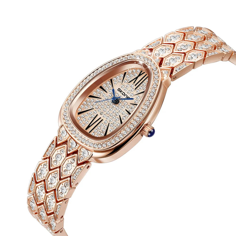 Skone Popular Light Luxury Brand Snake Full Diamond Women's Quartz Watch Classic Diamond Double Ring Versatile Alloy Watch
