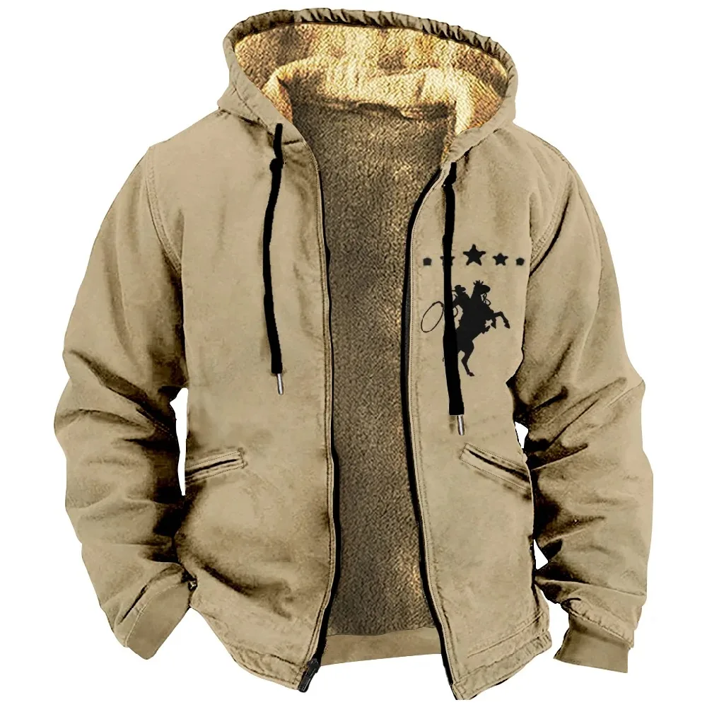 Color Block Graphic Cowboy Hoodie Daily Classic Outwear Women Men 3D Print Zipper Sweatshirt Stand Collar Coat Winter Clothes