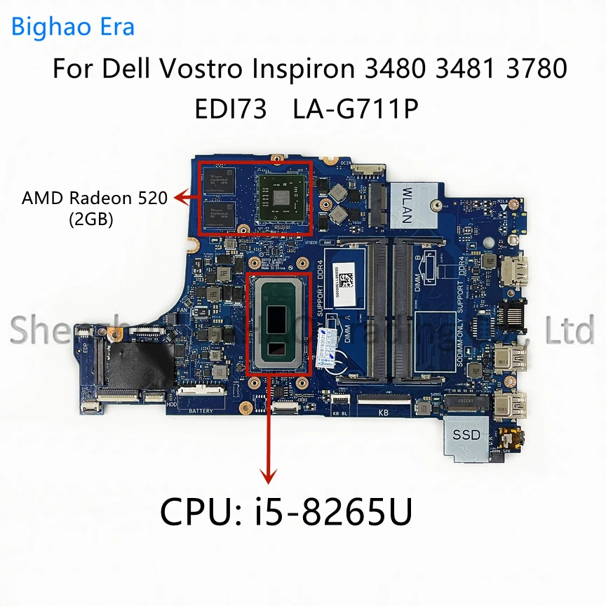 

CN-0XC07X 0VT31N 0MDK17 For DELL Vostro 3480 3481 3780 Laptop Motherboard EDI73 LA-G711P With i5 i7 CPU Radeon 520 2GB-GPU DDR4