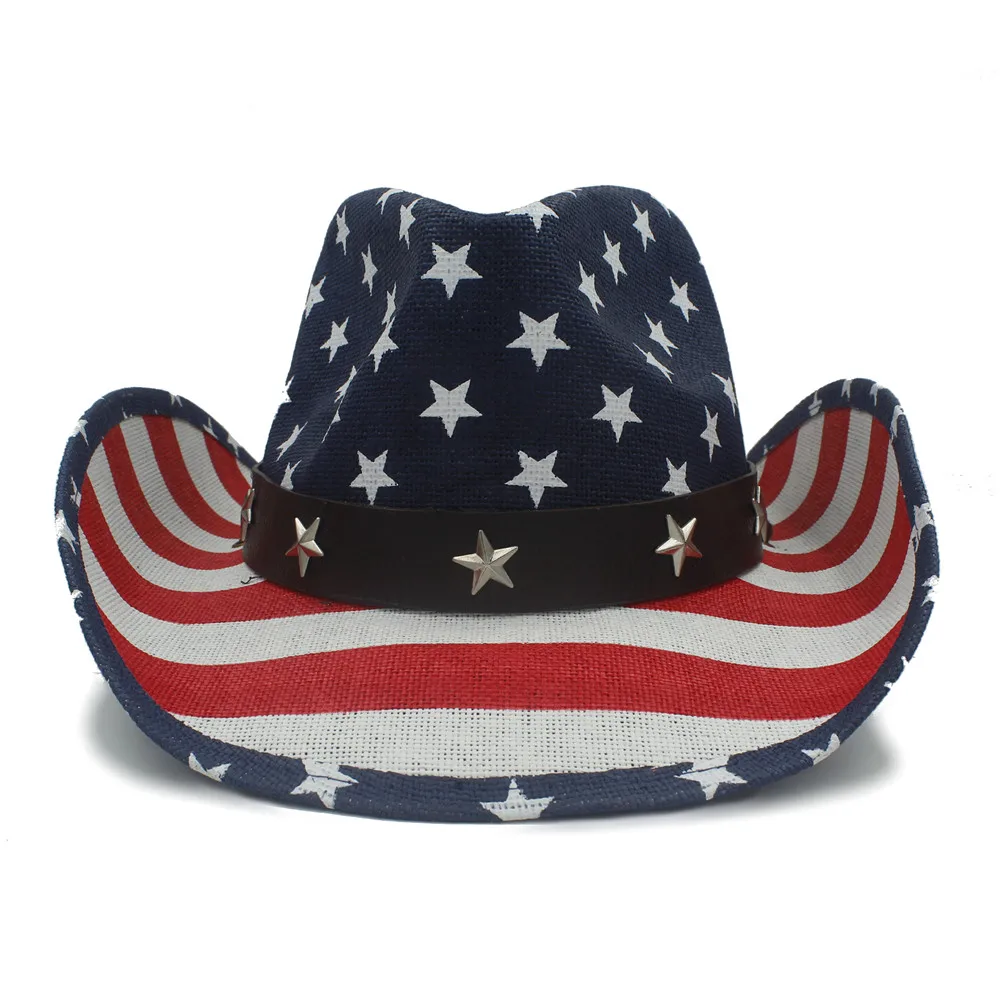 Summer Classic American Flag Cowboy Hats For Men Wide Brim Usa Cowgirl Chapeau Homme Cap Usa Flag Straw Cowboy Hat Dropshipping 4