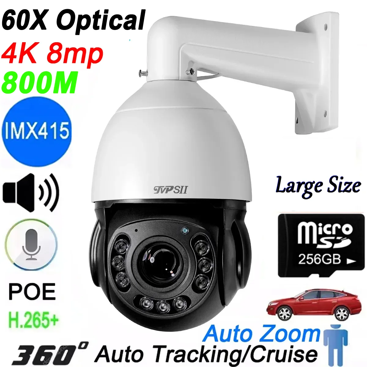 Auto Tracking Car Detection 8MP 4K 60X Optical Zoom 360° Rotation Audio Outdoor ONVIF POE PTZ IP Speed Dome Surveillance Camera max 256g auto tracking 8mp 4k imx415 90x optical zoom 360° rotation audio onvif poe ptz ip speed dome surveillance camera