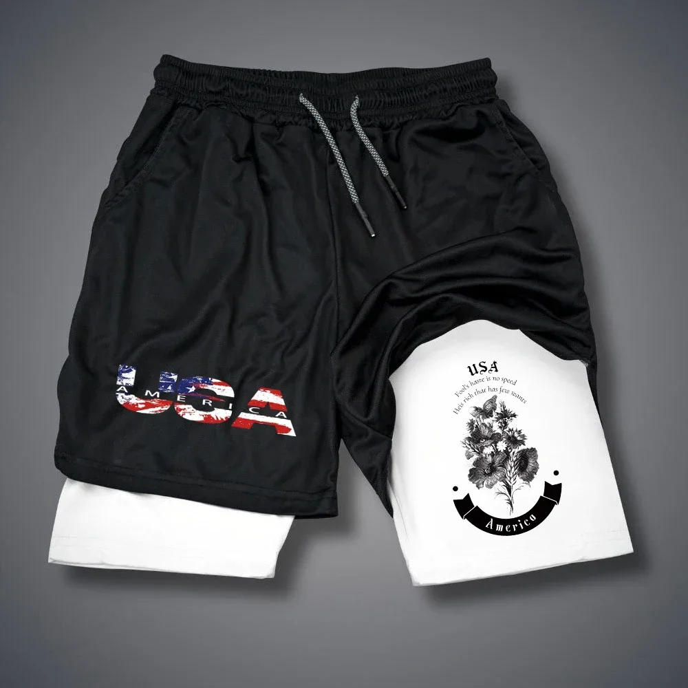 Summer Quick Dry Men's Shorts USA Letter Print Double-deck 2 In 1 Shorts Thin Breathable Casual Short Pants Sportwear Pants