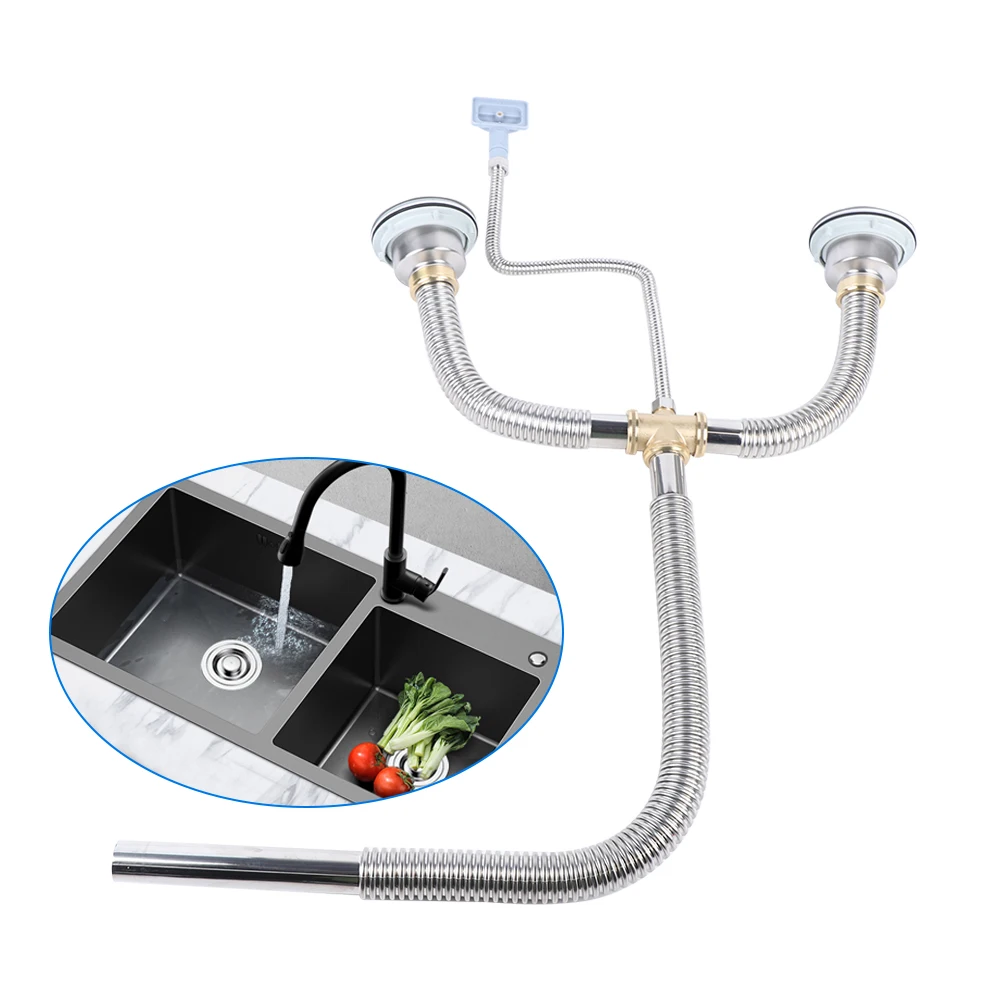 Silver Double Bowl Kitchen Sink Pipe Fitting Plumbing Drain Kit Replace Part Stainless Sink Pipe Plumbing Replacement