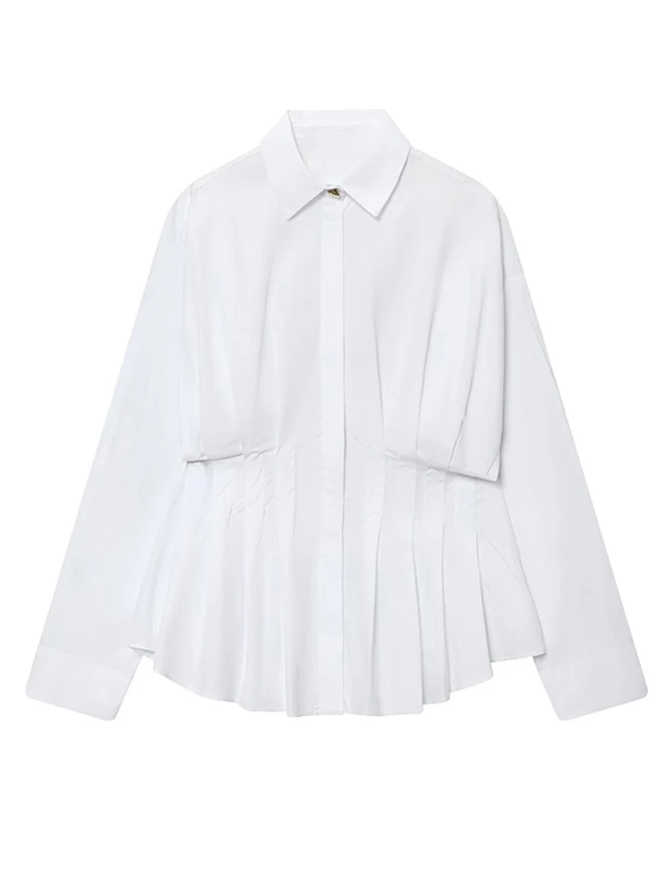 New Women Solid Pleated Blouses Spring Autumn Turn Down Collar Long Sleeve Fashion Causal Shirts Slim Fit Single Breasted Tops