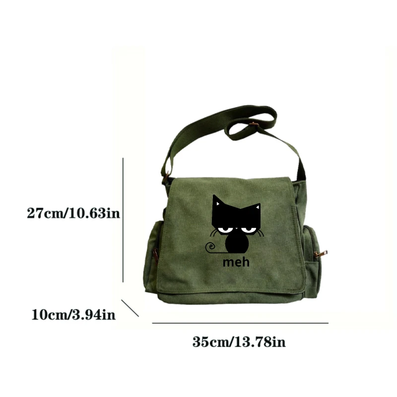 Funny Women's Bag Black Cat Print Canvas Shoulder Bag Multiple Pockets Students Crossbody Book Bag Commuting