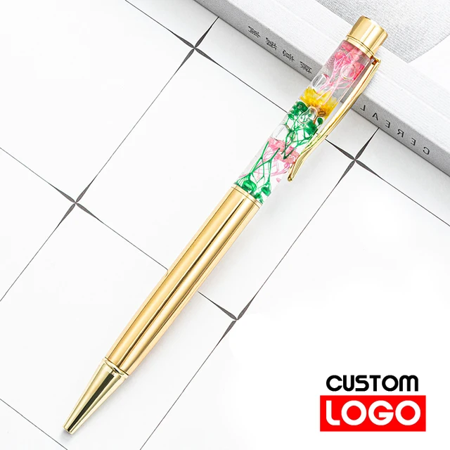 New Eternal Life Flower Oil Pen Metal Ballpoint Pen Lettering Engraved Name Advertising Pen Custom Logo Stationery Wholesale Golden
