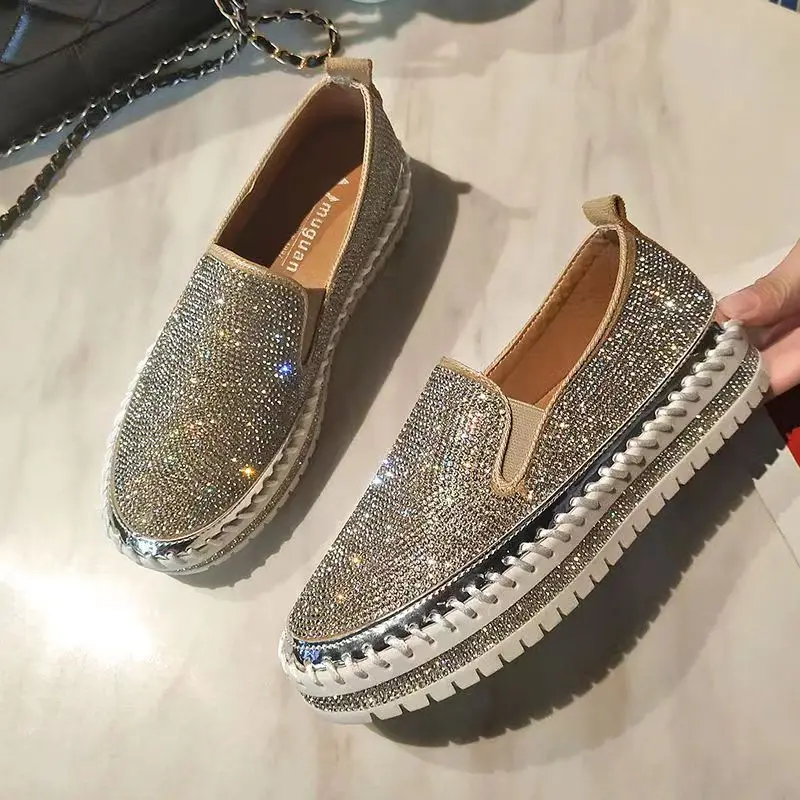 

New Crystal Shoes for Women Flat Soles Raised Rhinestone Casual Shoes Spring Thick Soles Platform Sequin Sandals Female Sneakers